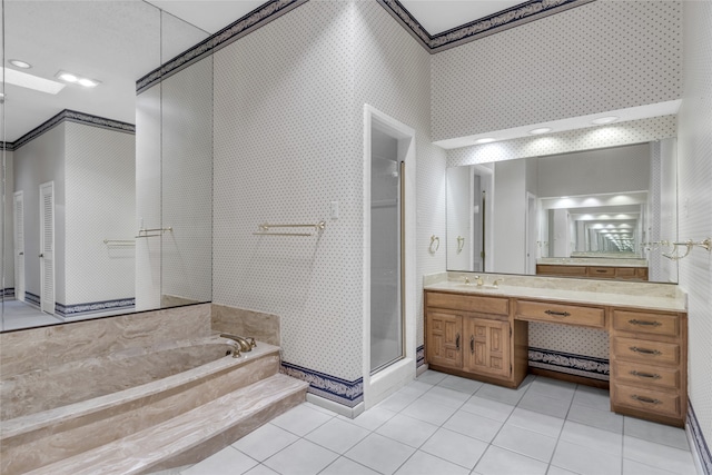 full bathroom with wallpapered walls, tile patterned floors, a bath, and a shower stall