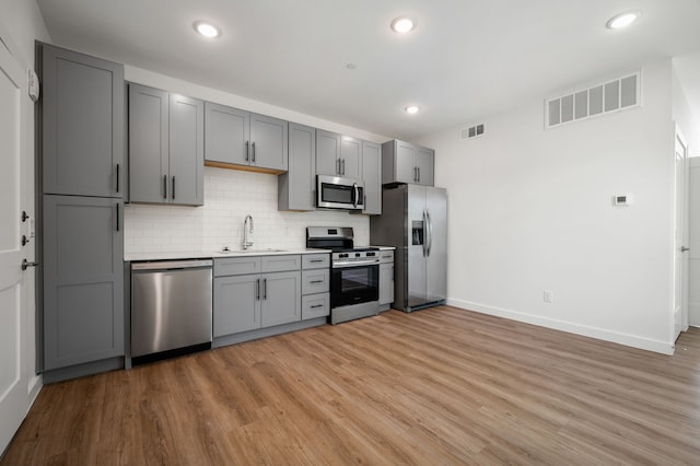 kitchen with stainless steel appliances, light hardwood / wood-style floors, decorative backsplash, sink, and gray cabinetry