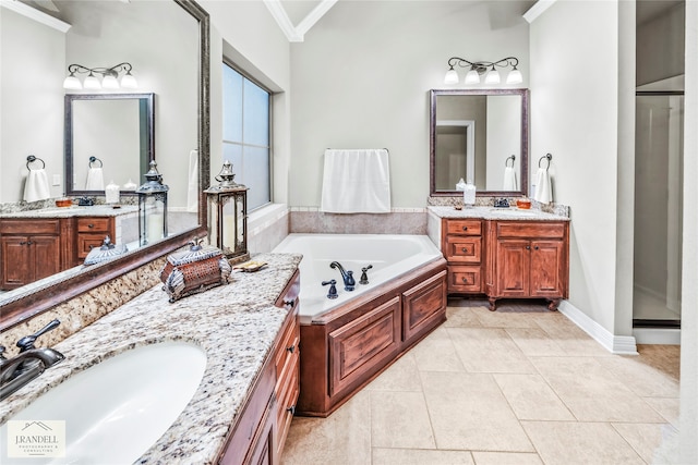 bathroom with tile patterned flooring, vanity, shower with separate bathtub, and crown molding