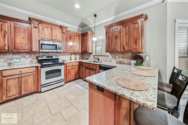 kitchen featuring a wealth of natural light, decorative backsplash, a kitchen breakfast bar, and stainless steel appliances