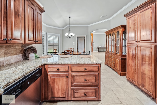 kitchen with stainless steel dishwasher, a chandelier, light stone counters, and ornamental molding