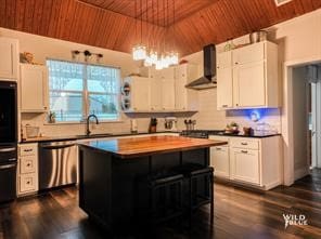 kitchen featuring wall chimney range hood, white cabinets, stainless steel dishwasher, wooden ceiling, and a center island