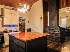 kitchen with stainless steel range oven, wood ceiling, a kitchen island, lofted ceiling, and white cabinets