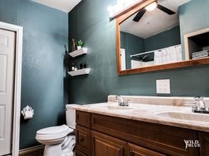 bathroom featuring ceiling fan, vanity, and toilet