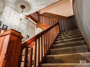 stairway with a textured ceiling