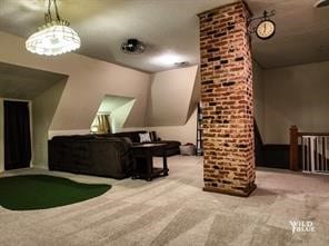 interior space with light colored carpet and lofted ceiling