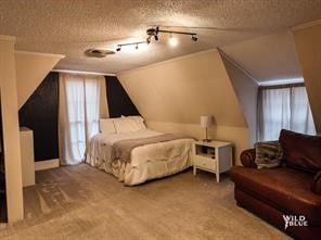 carpeted bedroom featuring lofted ceiling and a textured ceiling