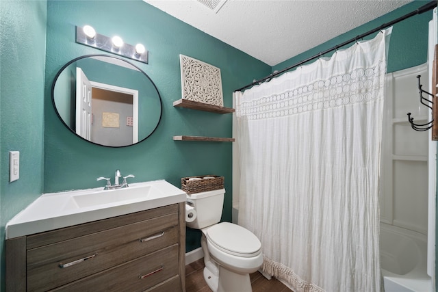 full bathroom with shower / bath combo, hardwood / wood-style floors, a textured ceiling, toilet, and vanity