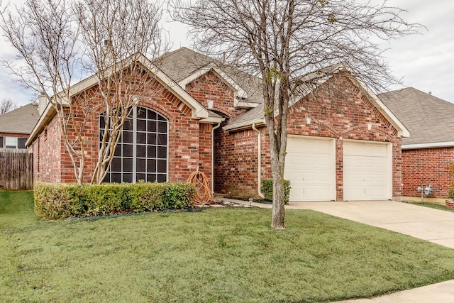 single story home featuring a front yard, brick siding, and driveway