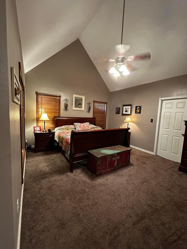 bedroom featuring high vaulted ceiling, ceiling fan, dark carpet, and baseboards