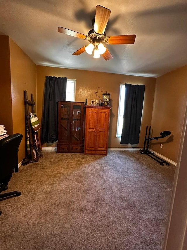 bedroom featuring ceiling fan, multiple windows, carpet, and baseboards