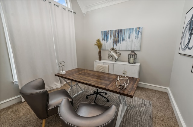 carpeted office featuring crown molding