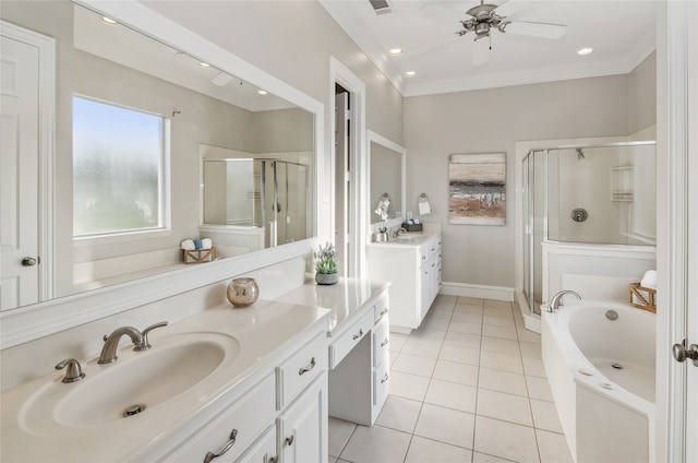 bathroom with vanity, tile patterned floors, separate shower and tub, and crown molding