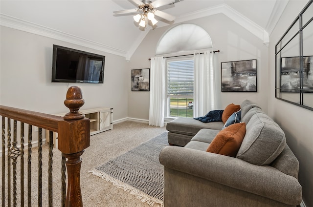 living room featuring ceiling fan, carpet flooring, lofted ceiling, and ornamental molding