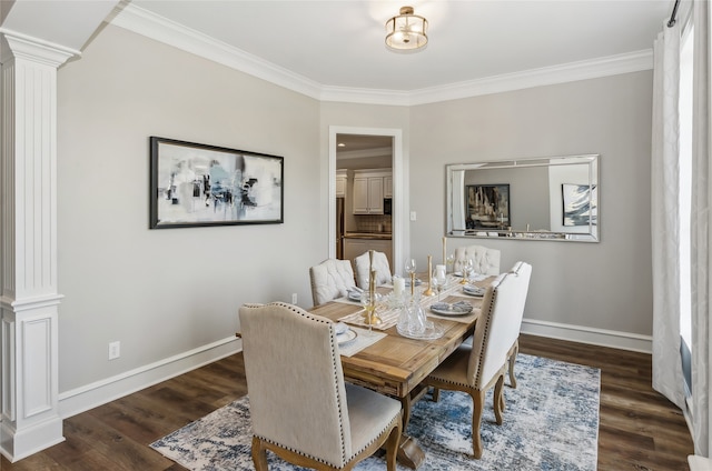 dining area with ornamental molding, dark hardwood / wood-style flooring, and decorative columns