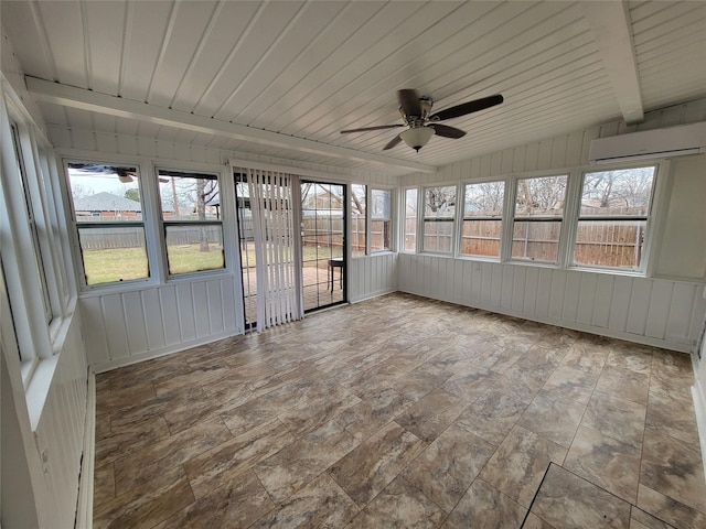 unfurnished sunroom with a wall unit AC, vaulted ceiling with beams, ceiling fan, and wooden ceiling