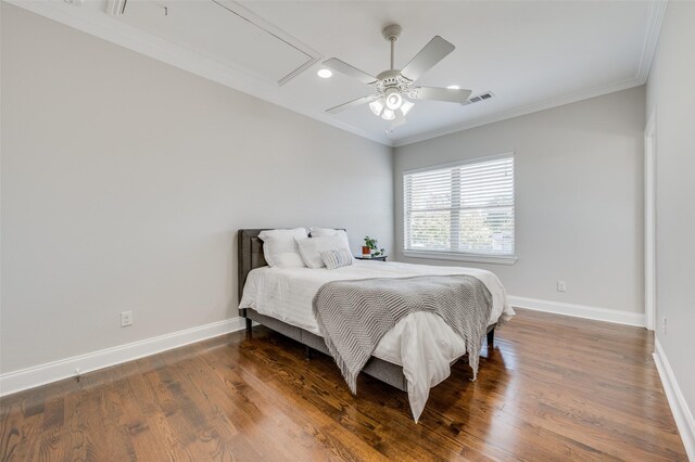 bedroom featuring dark wood-type flooring, sink, crown molding, ceiling fan, and connected bathroom