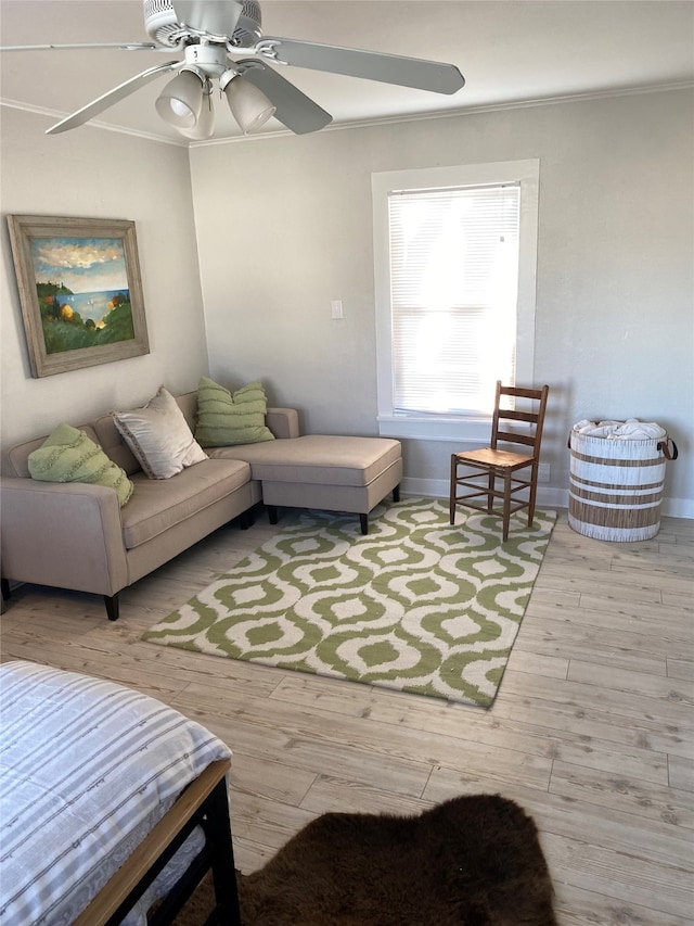 living room featuring light hardwood / wood-style floors, ceiling fan, and crown molding