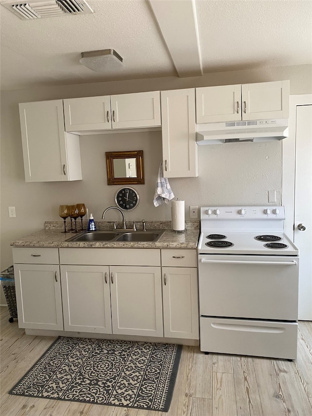 kitchen featuring white cabinets, light wood-type flooring, sink, and white electric range oven