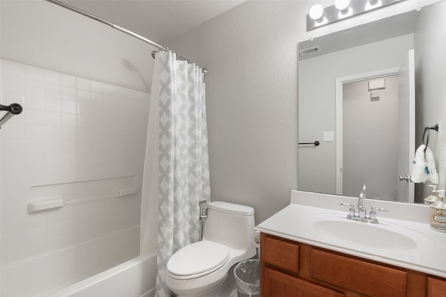 full bathroom with vanity, toilet, and shower / bathtub combination with curtain