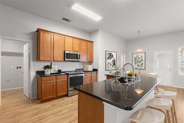 kitchen featuring light hardwood / wood-style flooring, an island with sink, stainless steel appliances, and sink