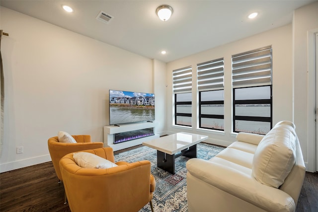 living room with dark hardwood / wood-style flooring