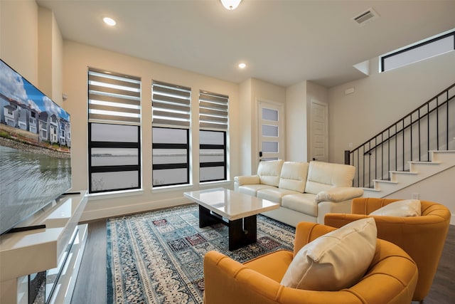 living room with hardwood / wood-style flooring and a healthy amount of sunlight