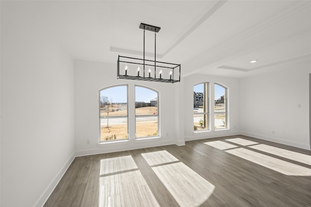 unfurnished dining area with a raised ceiling and hardwood / wood-style floors