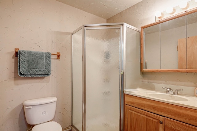 bathroom with lofted ceiling, a textured ceiling, toilet, vanity, and a shower with shower door