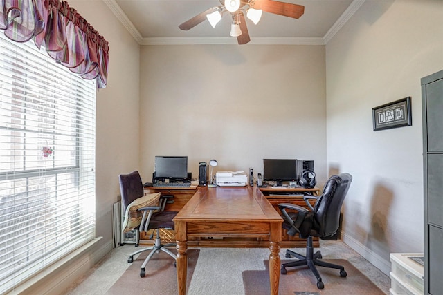 carpeted office with ceiling fan, ornamental molding, and baseboards