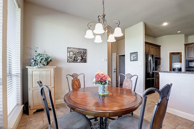 dining area featuring recessed lighting, baseboards, a chandelier, and light tile patterned flooring