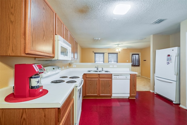 kitchen with kitchen peninsula, a textured ceiling, sink, ceiling fan, and white appliances