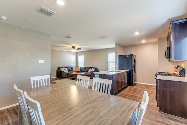 dining area featuring ceiling fan, light wood-type flooring, and sink