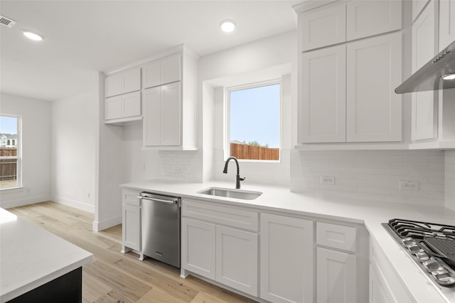 kitchen with light hardwood / wood-style flooring, sink, backsplash, white cabinets, and stainless steel appliances