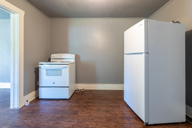 kitchen with dark wood-type flooring, white appliances, and ornamental molding