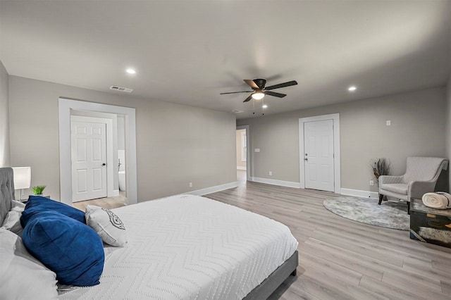 bedroom featuring ceiling fan and light hardwood / wood-style floors