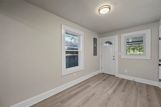 entrance foyer with electric panel and light wood-type flooring