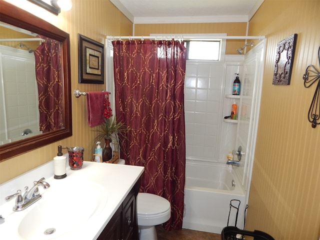 full bathroom with toilet, shower / bath combo, vanity, and ornamental molding