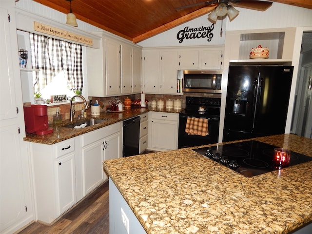 kitchen with stone countertops, sink, black appliances, wood ceiling, and lofted ceiling