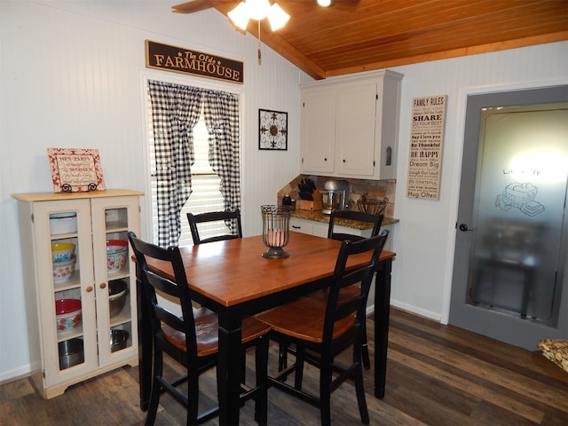 dining space featuring dark wood-type flooring, wooden ceiling, ceiling fan, and lofted ceiling