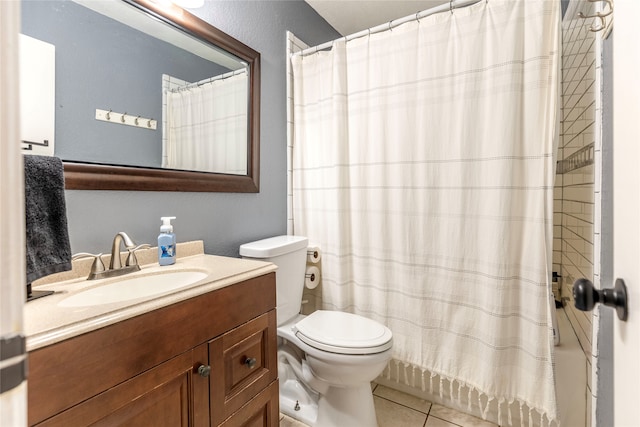 bathroom featuring tile patterned flooring, vanity, toilet, and a shower with shower curtain