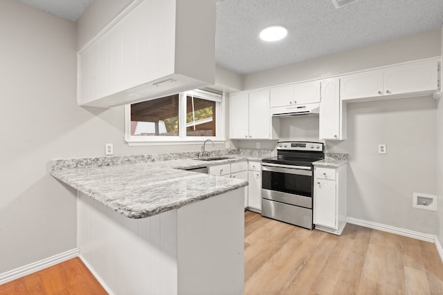 kitchen featuring white cabinetry, sink, a textured ceiling, and electric stove