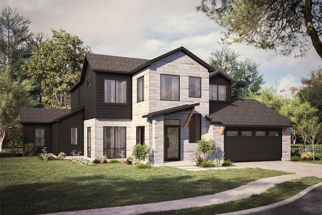 2941 Kosse Ct, Grapevine, TX 76051 - contemporary home with stone siding, roof with shingles, concrete driveway, and a front lawn