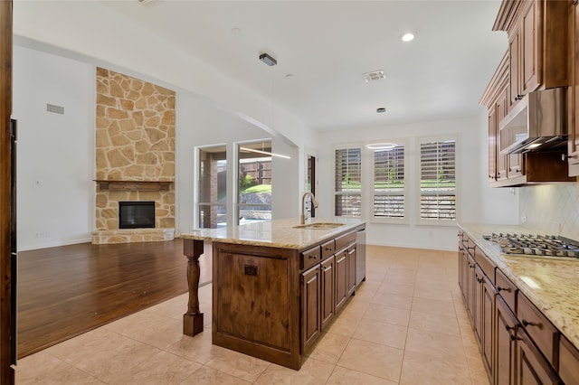 kitchen with sink, an island with sink, a healthy amount of sunlight, and light hardwood / wood-style flooring