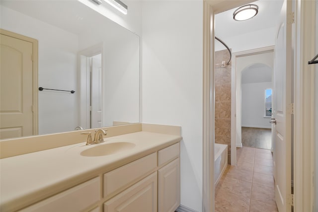 13647 Monstrell Rd, Frisco, TX 75035 - bathroom featuring vanity, tile patterned floors, and bathtub / shower combination