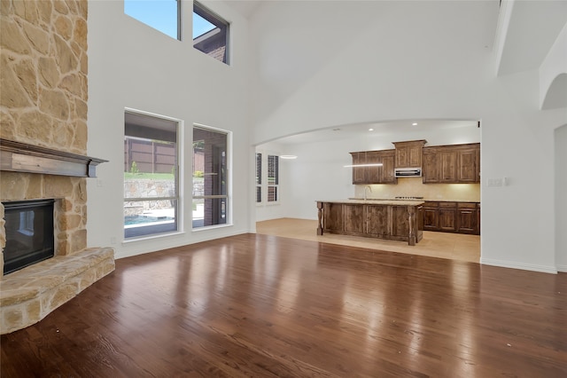 13647 Monstrell Rd, Frisco, TX 75035 - unfurnished living room with a towering ceiling, a sink, light wood-type flooring, and plenty of natural light