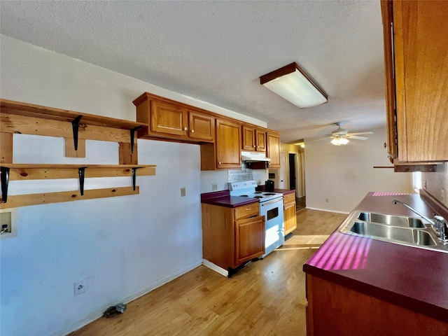 kitchen featuring sink, a textured ceiling, ceiling fan, light hardwood / wood-style floors, and white range with electric stovetop