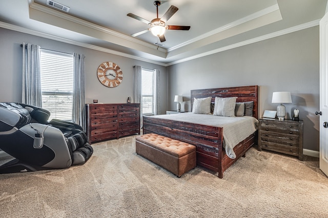 carpeted bedroom featuring a tray ceiling, multiple windows, ceiling fan, and crown molding