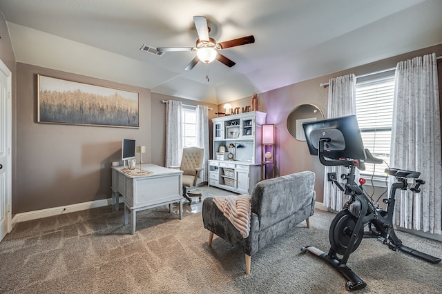 home office featuring carpet floors and ceiling fan