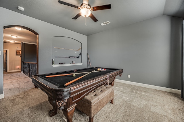 game room with billiards, carpet floors, ceiling fan, and vaulted ceiling